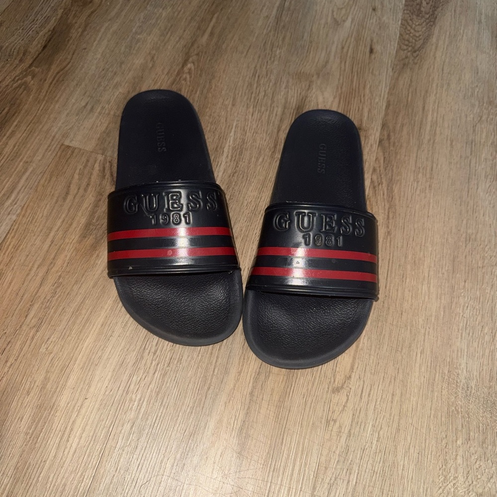 Guess Black Slide Sandals with Red Stripes